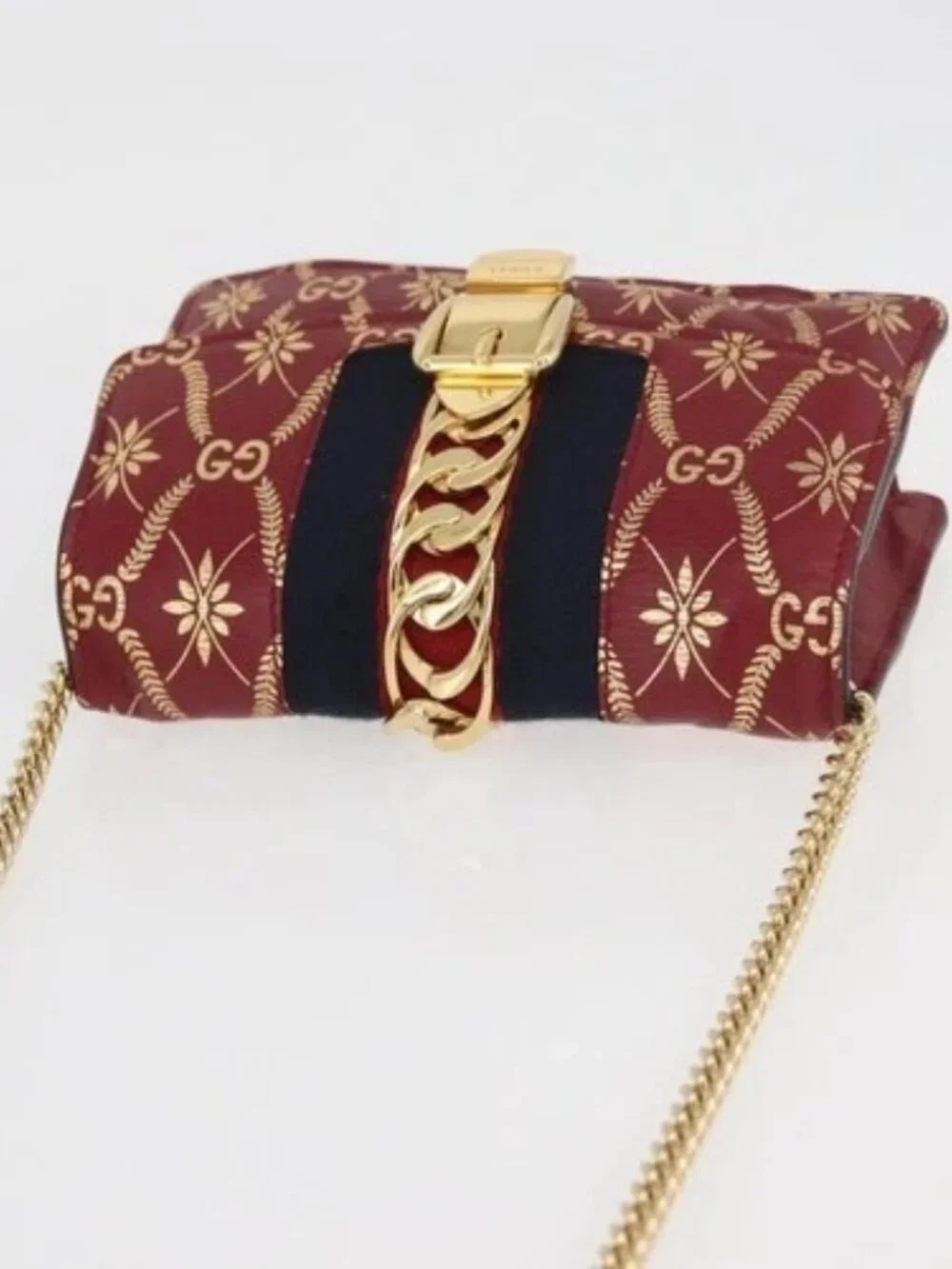 GUCCI GG Canvas Sylvie Sherry Line Chain Bag Leather Red 494646 Auth BAZ806A